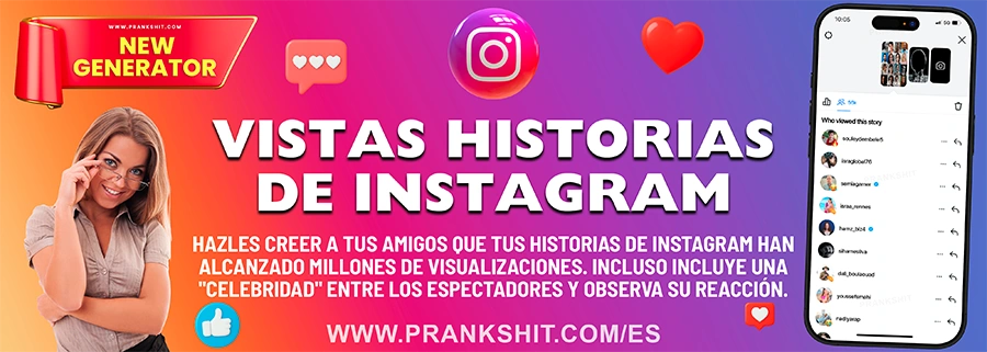 Banner generador de visualizaciones falsas de historias de Instagram - nuevo generador de prankshit - crea millones de visualizaciones falsas en historias de Instagram, bromas para famosos, análisis de historias falsas de IG, captura de pantalla de la lista de visualizaciones falsas de historias de Instagram, herramienta de bromas en redes sociales, contador de visualizaciones de historias de Instagram, información sobre historias falsas, bromas a amigos, maqueta realista de interfaz de usuario de Instagram, prankshit.com